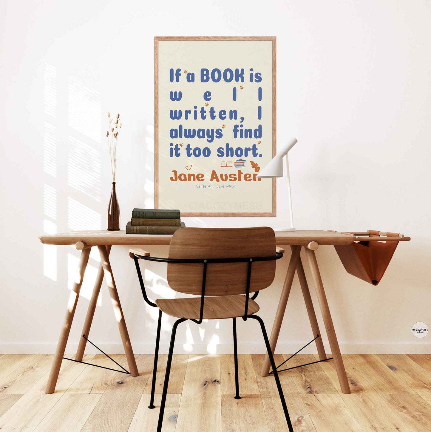 Jane Austen quote print, for cozy reading corners  and library decor in oakwood frame.