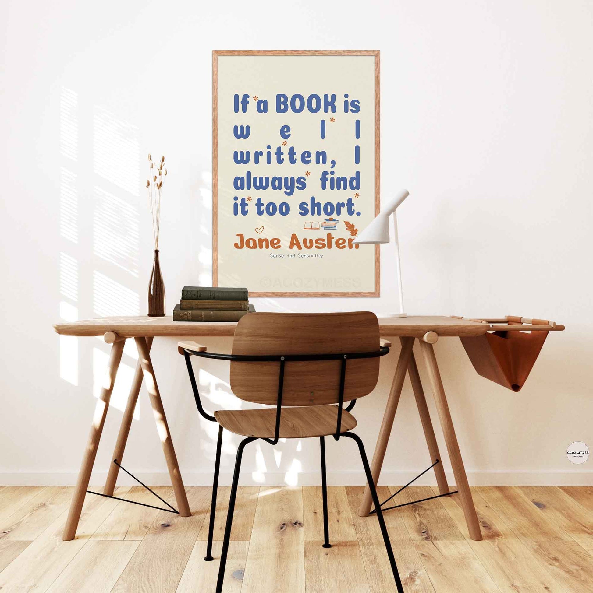 Jane Austen quote print, for cozy reading corners  and library decor in oakwood frame.