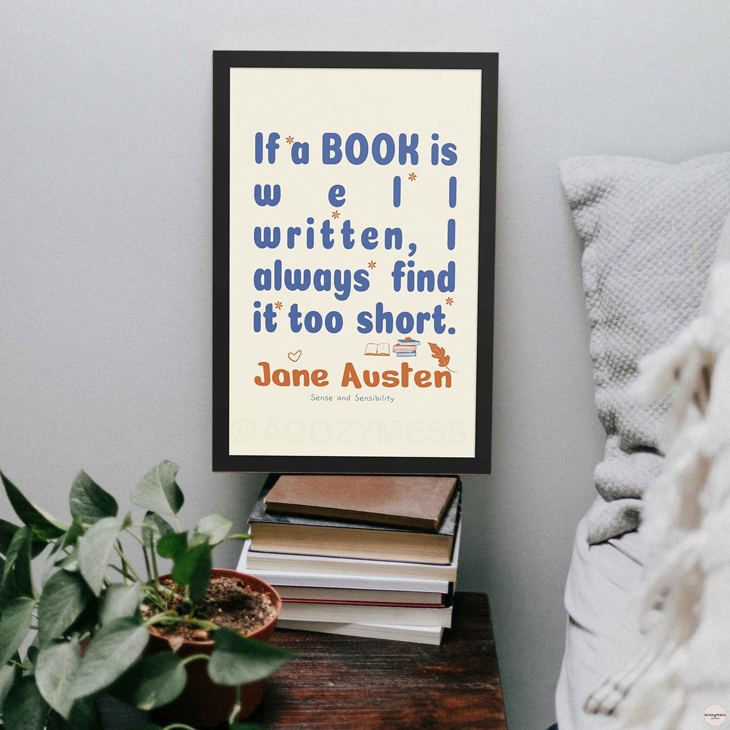 Jane Austen  print, for cozy reading corners  and library decor in black frame.