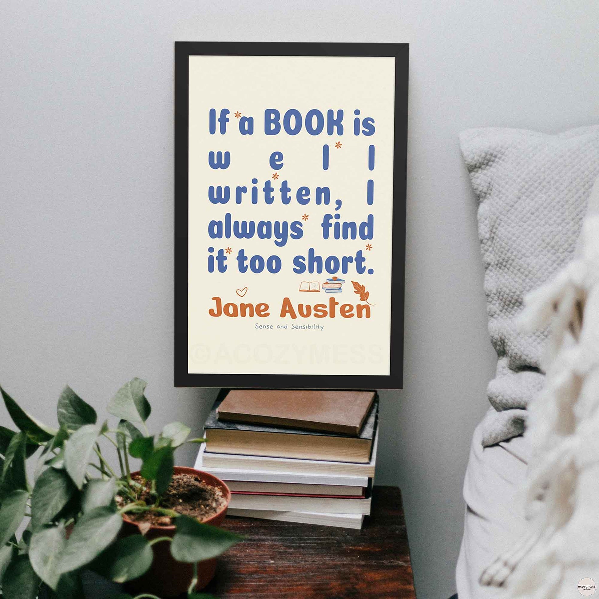 Jane Austen  print, for cozy reading corners  and library decor in black frame.