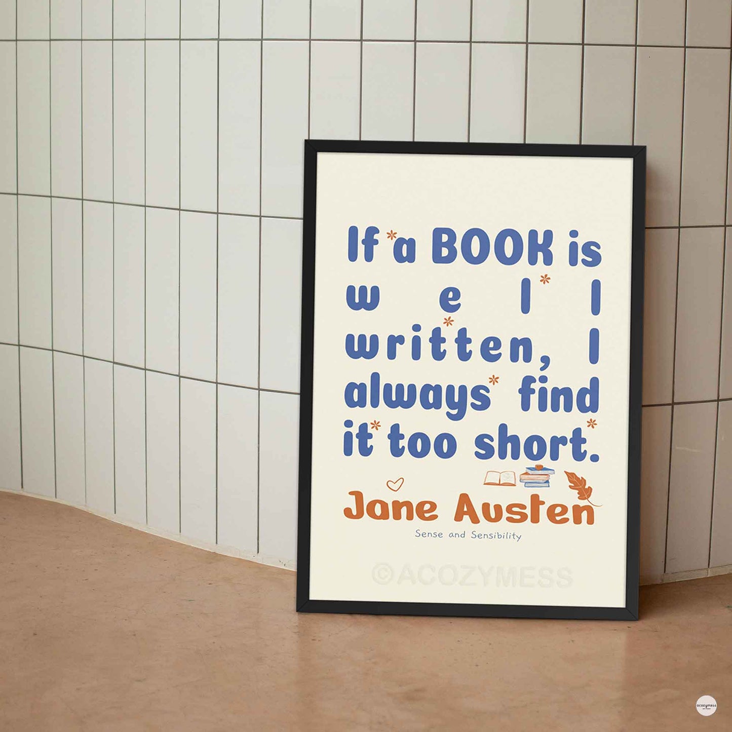 Jane Austen poster, for cozy reading corners  and library decor in black frame.