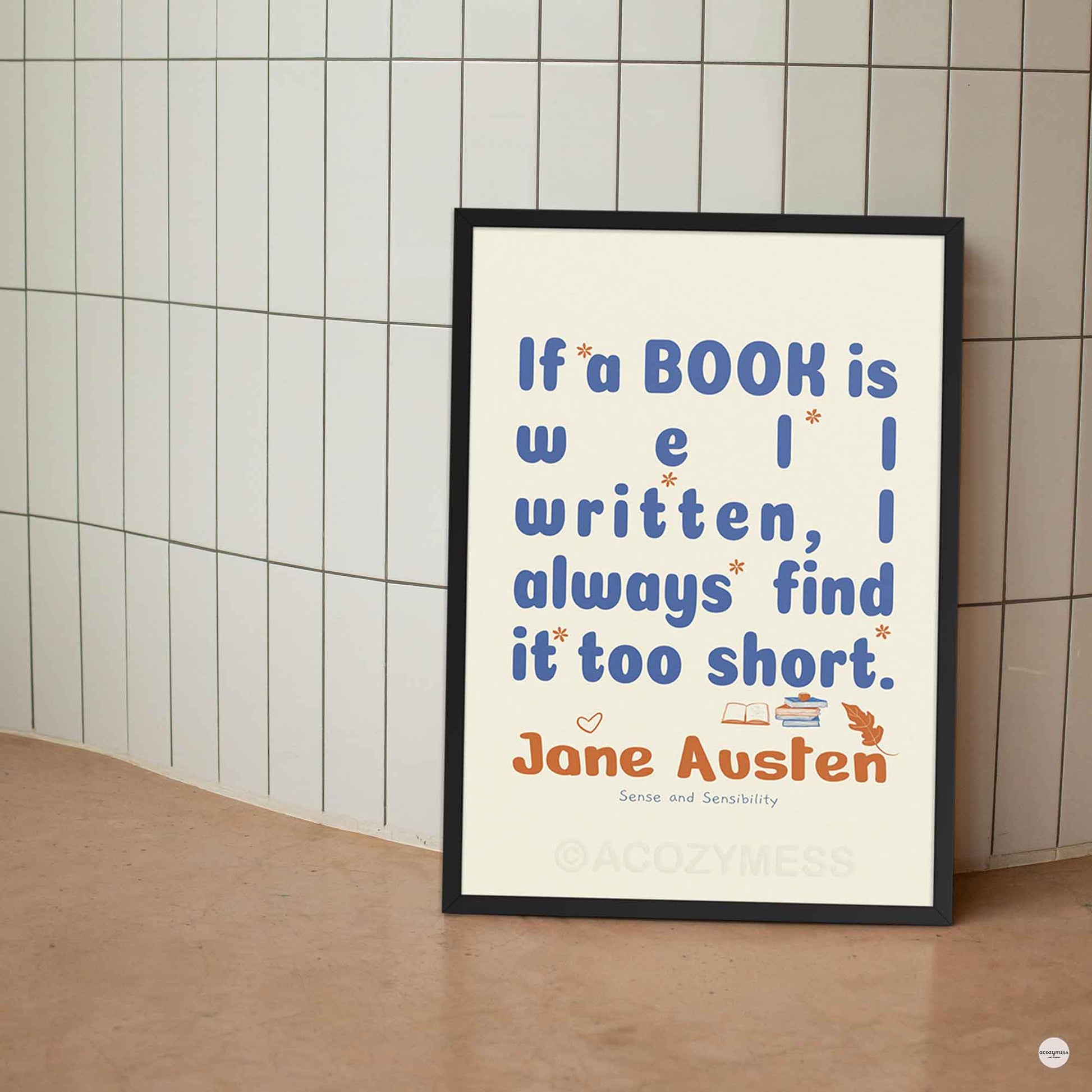 Jane Austen poster, for cozy reading corners  and library decor in black frame.