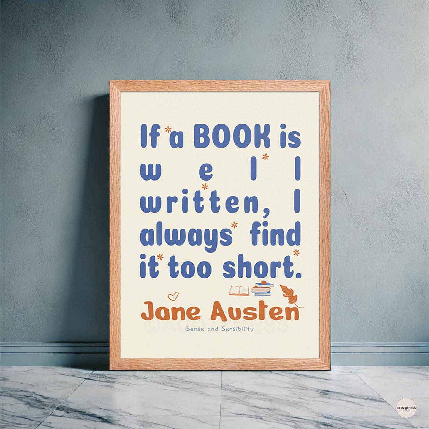 Jane Austen print, for cozy reading corners  and library decor in oakwood frame.