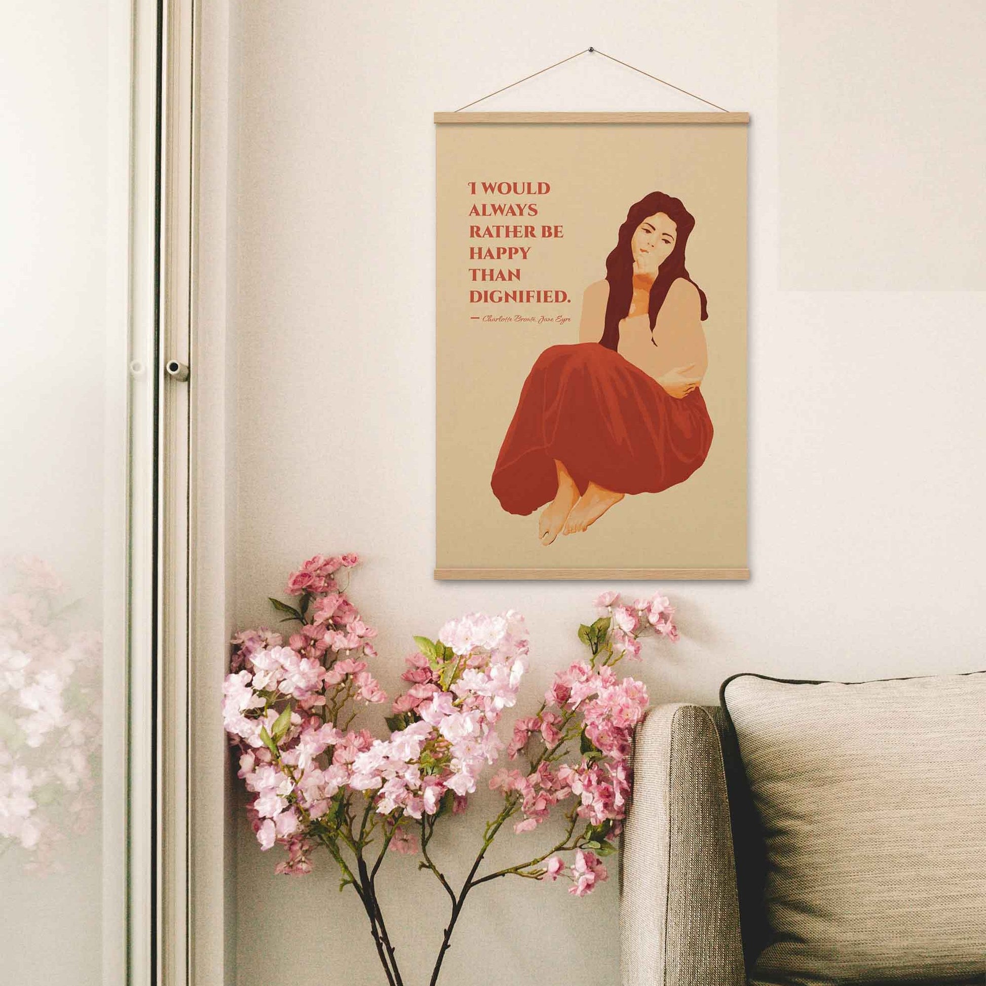 Art print featuring a woman illustration with the quote from Jane Eyre: 'I would always rather be happy than dignified,' designed in red and beige color hues.