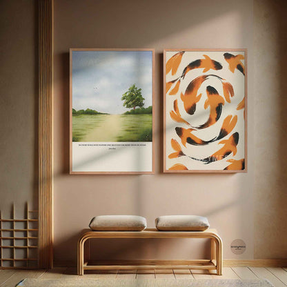 John Muir poster art displayed in an oakwood frame, showing a calming green landscape illustration.