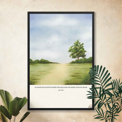 Nature-inspired wall art by John Muir shown in a black frame, featuring green landscape artwork and inspirational text.