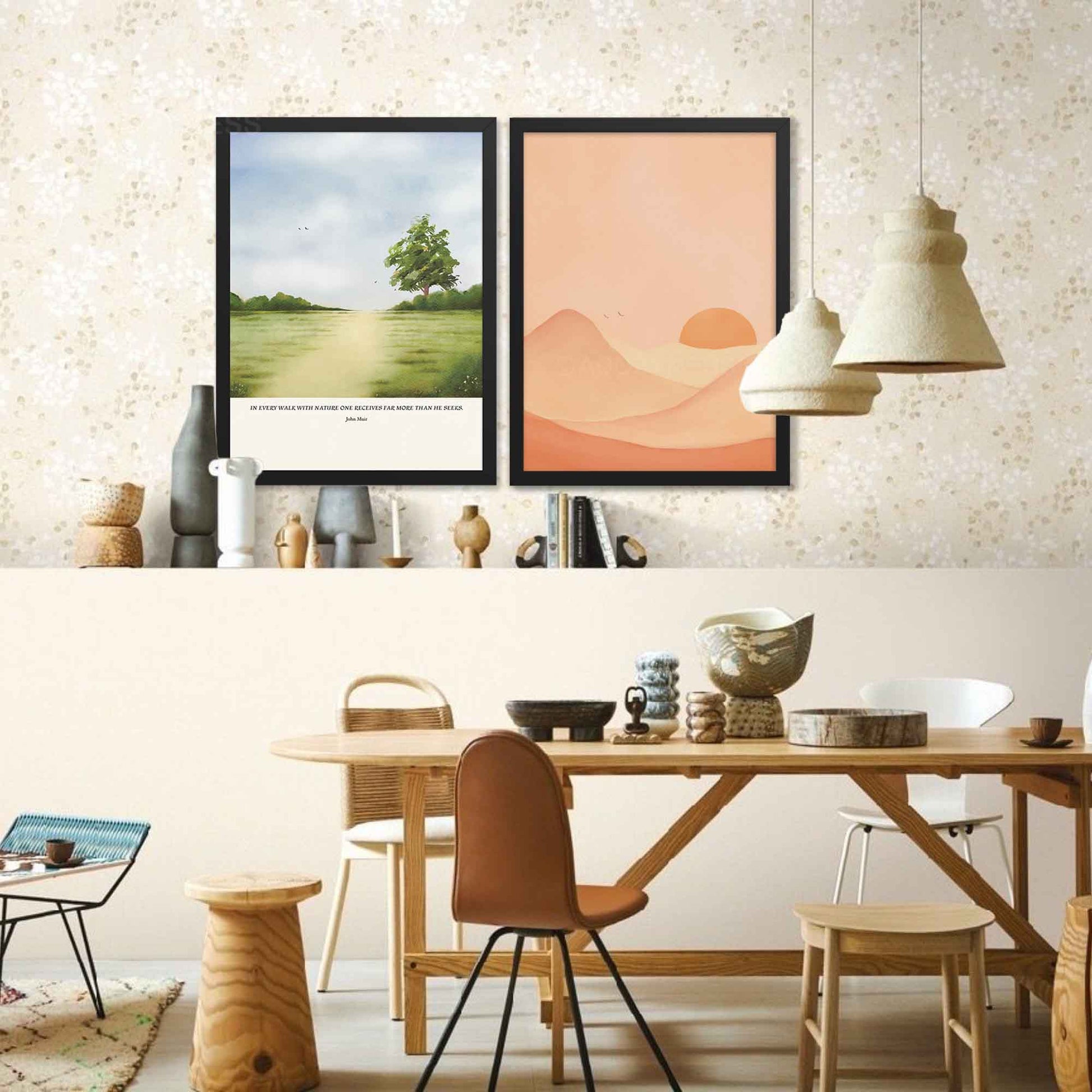 Black framed John Muir quote poster reading “In every walk with nature,” paired with a serene green landscape design.