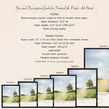 Size and description guide for framed and poster art prints with various sizes displayed.