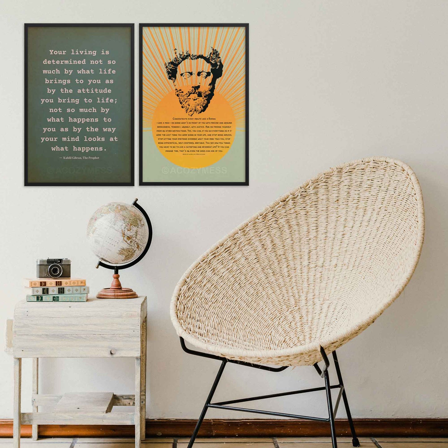 On attitude By kahlil gibran poster beige on textured green, displayed in black  frame. And  Marcus Aurelius Portrait quote Poster in black frame.