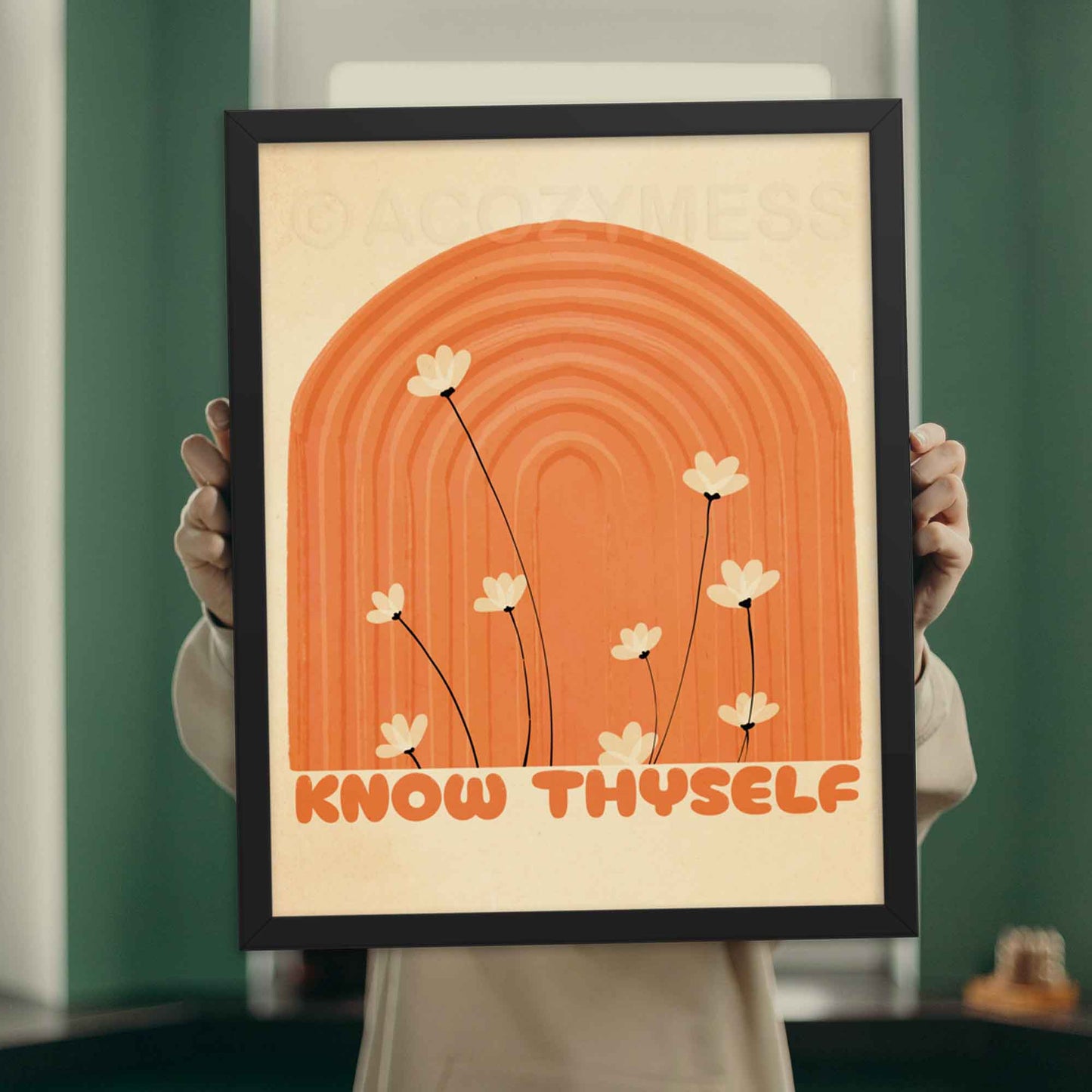 Know Thyself poster with a boho design in beige and orange tones, inspired by Greek philosophy, perfect for adding wisdom and charm to your space, in black frame.