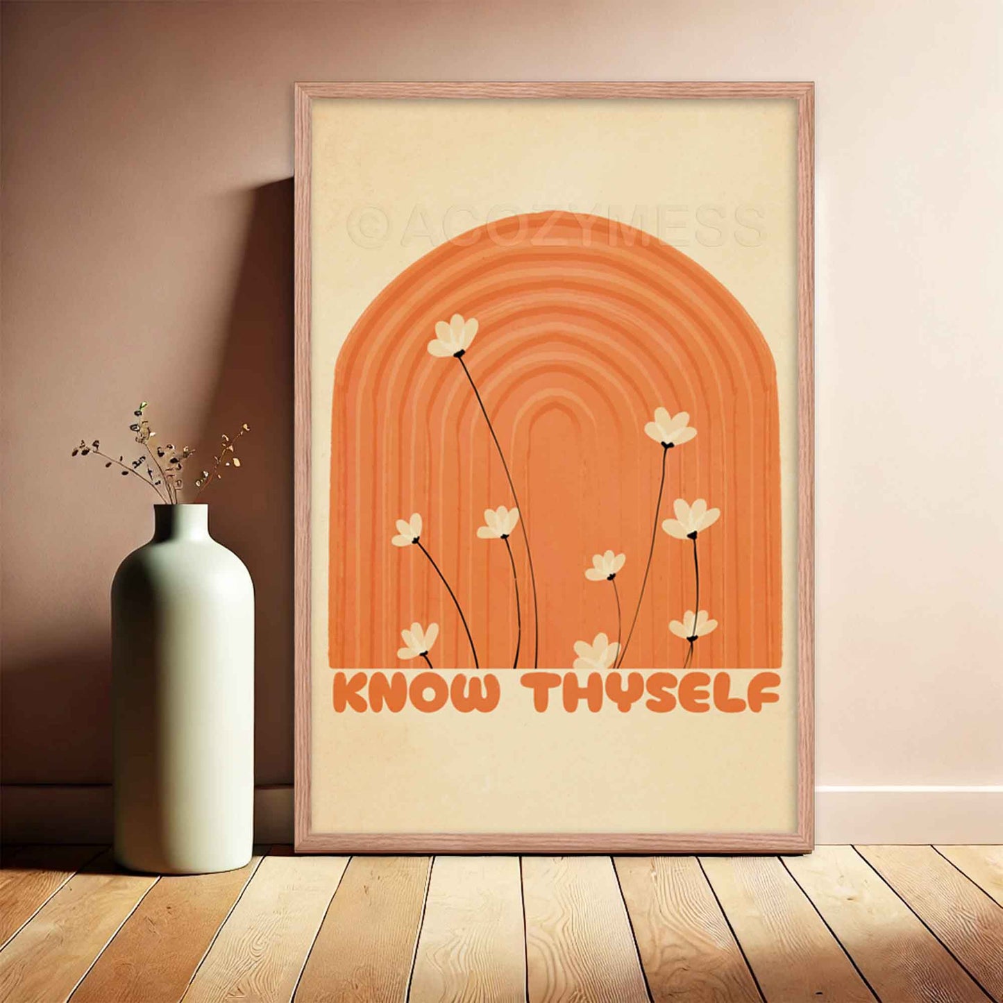 Know Thyself art poster with a boho design in beige and orange tones, inspired by Greek philosophy, perfect for adding wisdom and charm to your space, in oakwood frame.