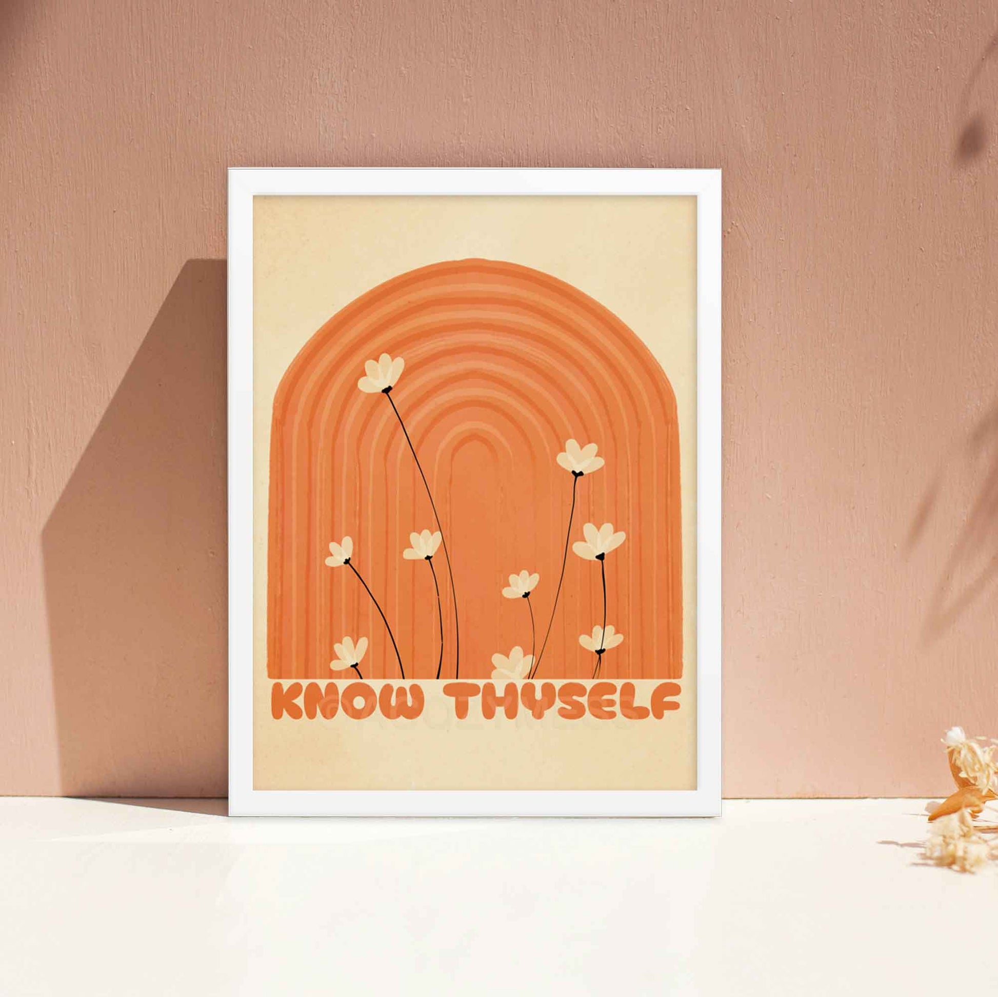 Know Thyself art poster with a boho design in beige and orange tones, inspired by Greek philosophy, perfect for adding wisdom and charm to your space, in white frame.