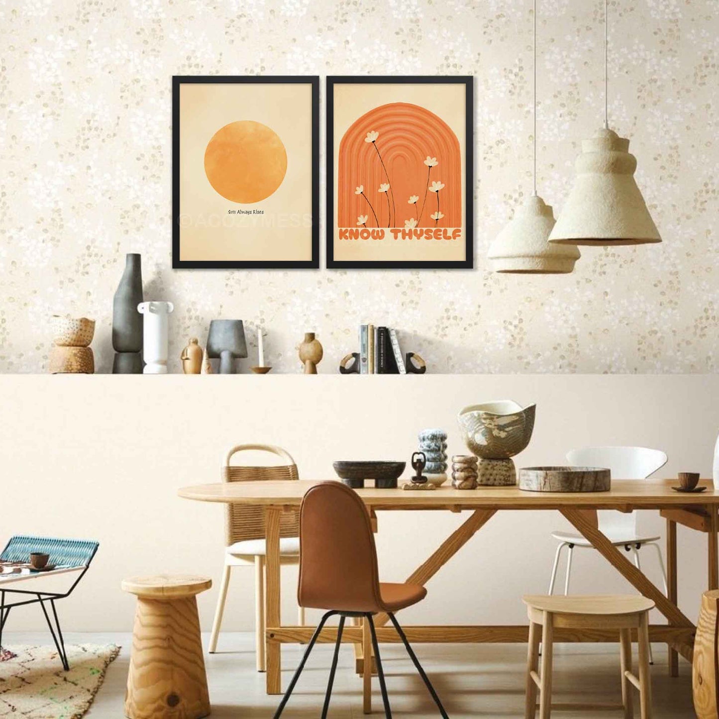 Know Thyself art poster with a boho design in beige and orange tones, inspired by Greek philosophy, perfect for adding wisdom and charm to your space, in black frame.