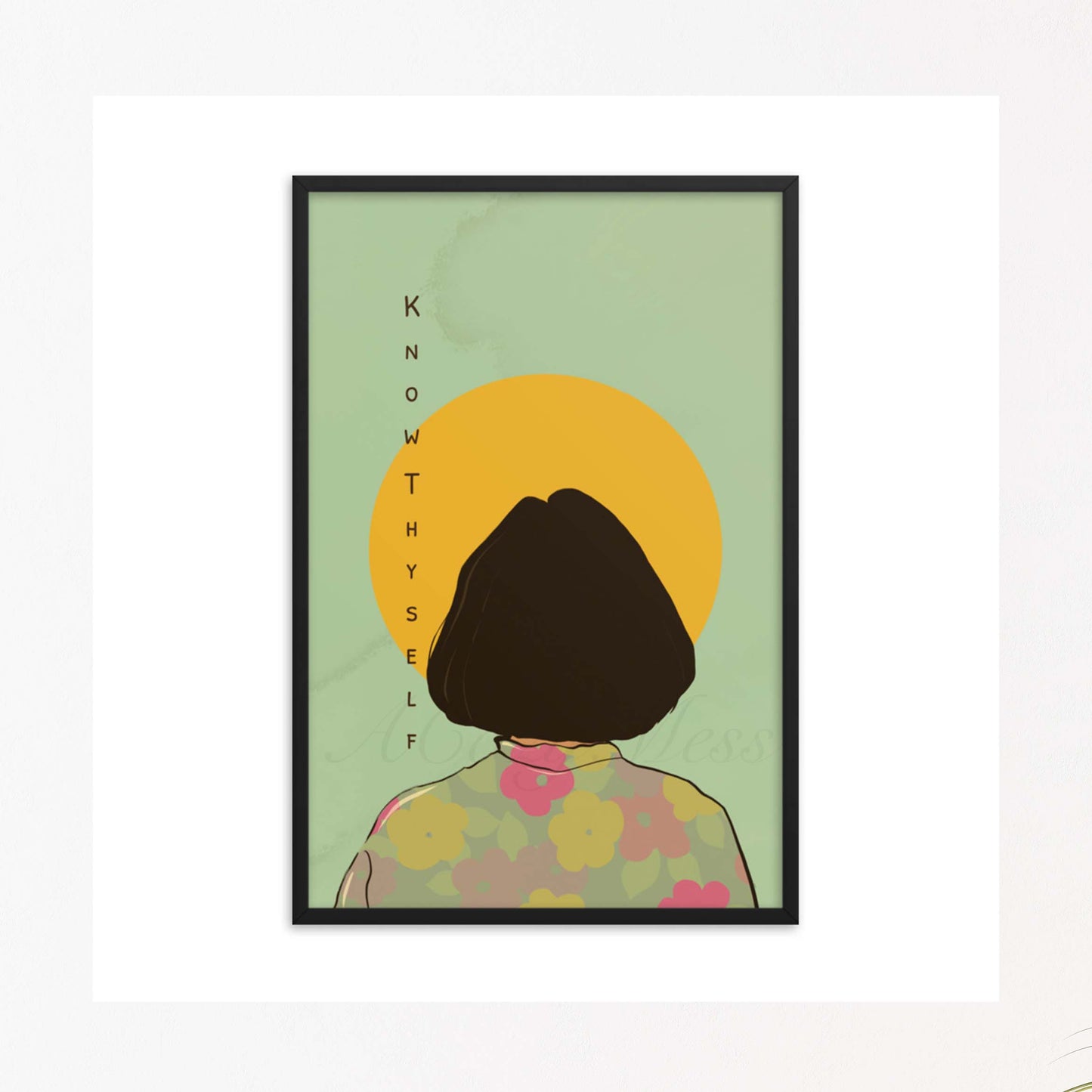 Illustration of a woman in a floral shirt facing the sun with the phrase 'Know Thyself' written alongside in black frame