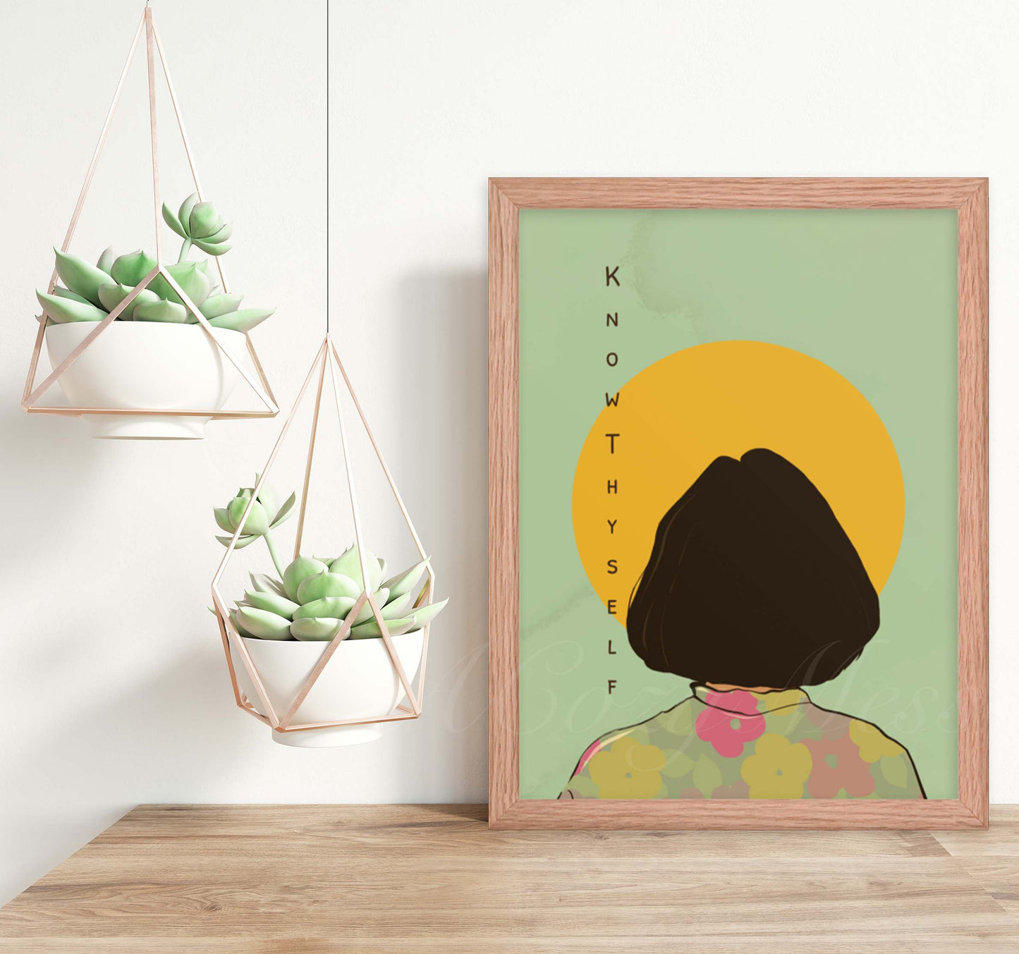 Illustration of a woman in a floral shirt facing the sun with the phrase 'Know Thyself' written alongside in oak wood frame.