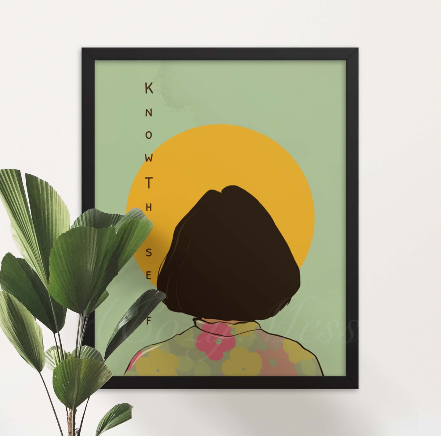 Illustration of a woman in a floral shirt facing the sun with the phrase 'Know Thyself' written alongside in black frame