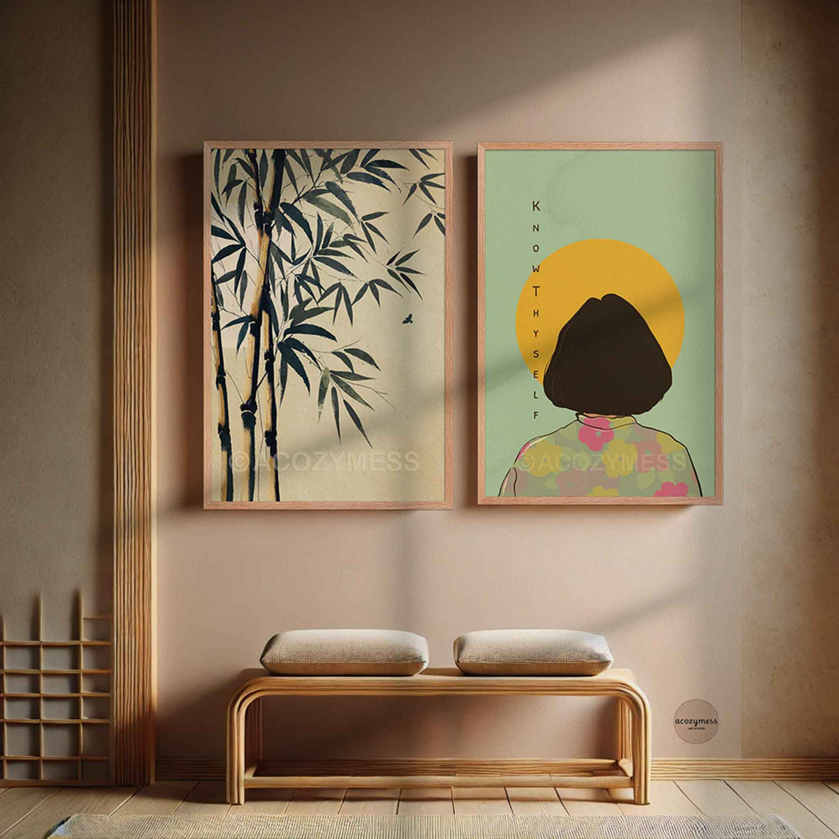 A natural wood framed art print featuring a minimalist illustration of a person with a short dark bob haircut seen from behind, standing in front of a yellow sun on a pale green background alongside bamboo wall art.