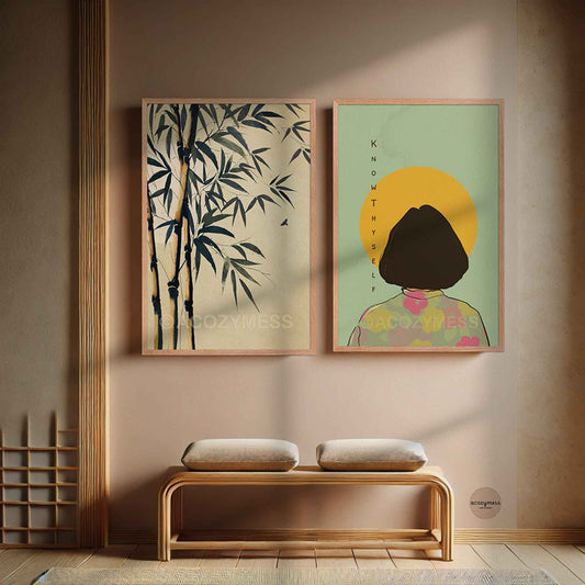 A natural wood framed art print featuring a minimalist illustration of a person with a short dark bob haircut seen from behind, standing in front of a yellow sun on a pale green background alongside bamboo wall art.