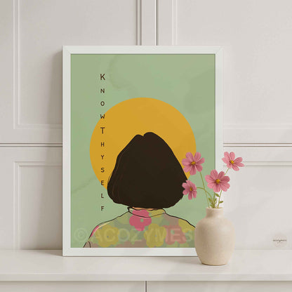 Illustration of a woman in a floral shirt facing the sun with the phrase 'Know Thyself' written alongside in white frame