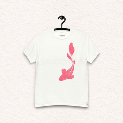 White t-shirt with pink fish design on a hanger against a white background