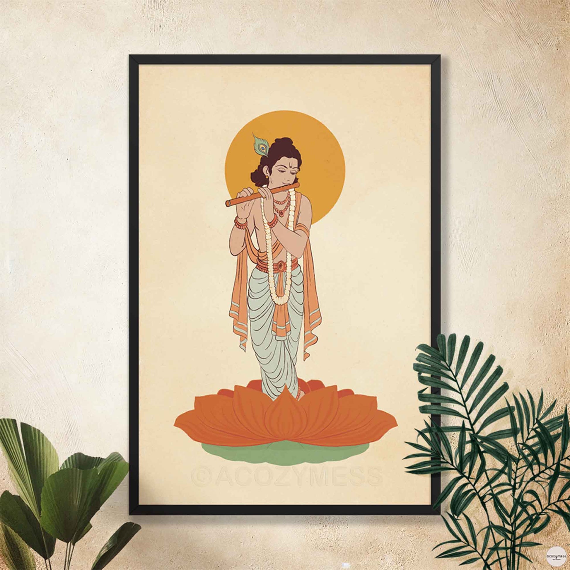 Krishna wall art poster in black frame.