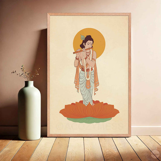 Krishna wall art poster in oakwood frame.