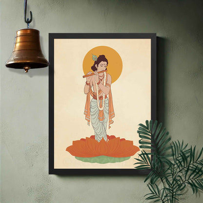 Krishna wall art poster in black frame for puja room decor