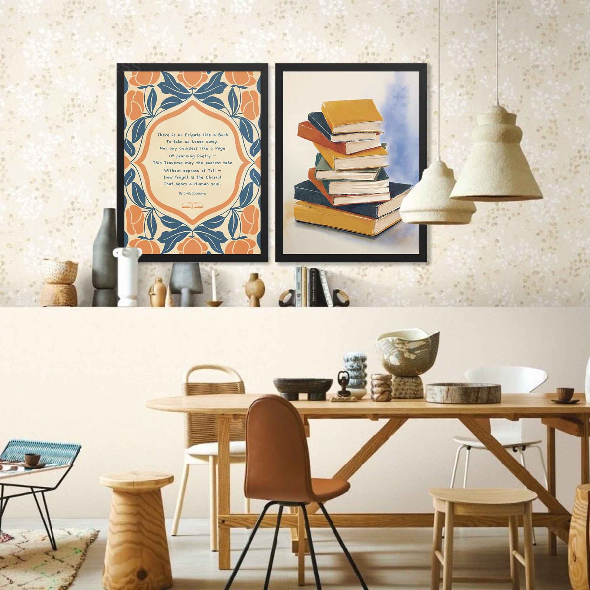 Book stack art poster in a sleek black frame, styled as modern library wall decor for home or office
