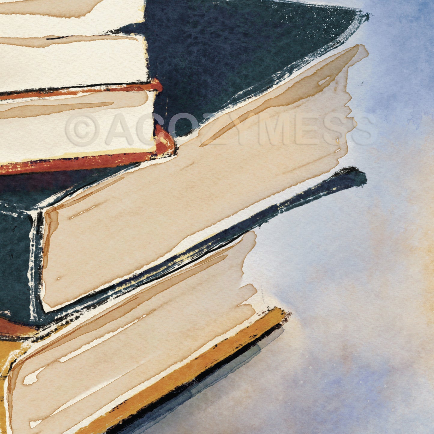 Stack of books with a watercolor background