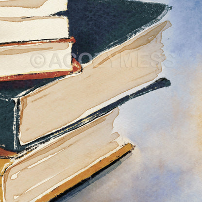 Stack of books with a watercolor background