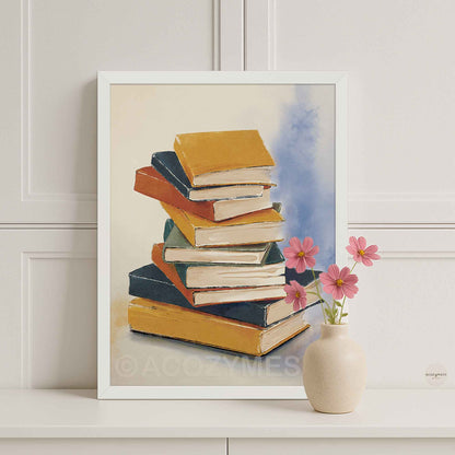 Book stack poster displayed in a minimalist white frame, perfect for bright reading corners and home libraries