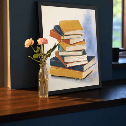 Book stack poster displayed in a minimalist black frame, perfect for bright reading corners and home libraries