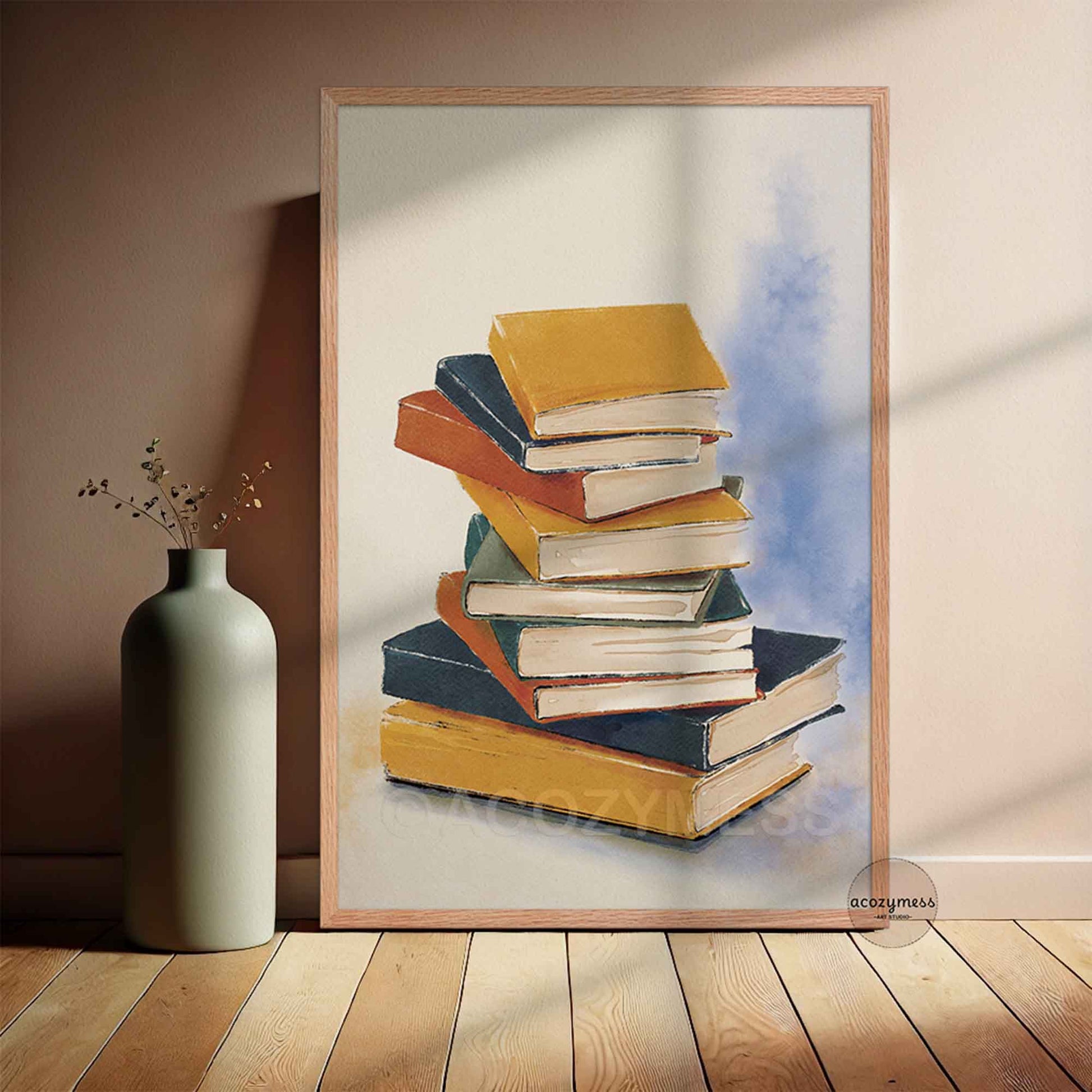 Book stack art print in a natural oakwood frame, perfect as a library poster for reading nooks and study spaces