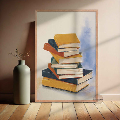 Book stack art print in a natural oakwood frame, perfect as a library poster for reading nooks and study spaces
