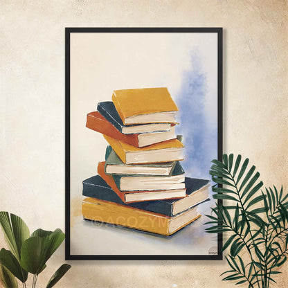 Framed artwork of a stack of colorful books on a wall to create cozy corners.