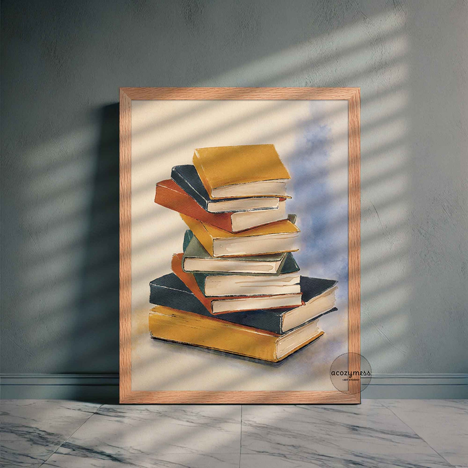 Library wall art of a stack of books displayed in oakwood frame.