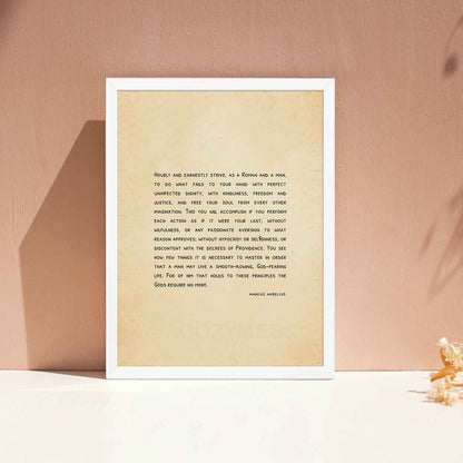 A minimalist-style poster featuring a Marcus Aurelius quote on living with dignity, justice, and purpose, displayed on an aged, old-style background. The elegant typography and subtle design reflect Stoic wisdom and calm, making it ideal for inspirational and mindful decor in white frame.