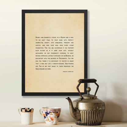 A minimalist-style stoicism poster featuring a Marcus Aurelius quote on living with dignity, justice, and purpose, displayed on an aged, old-style background. The elegant typography making it ideal for philosophy and mindful decor in black frame.