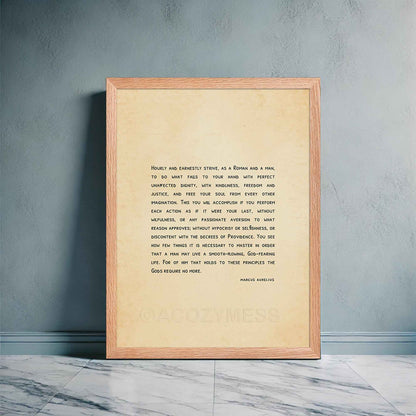 A minimalist-style stoicism poster featuring a Marcus Aurelius quote on living with dignity, justice, and purpose, displayed on an aged, old-style background. The minimalist handwritten font  typography making it ideal for philosophy and mindful decor in an oakwood frame.