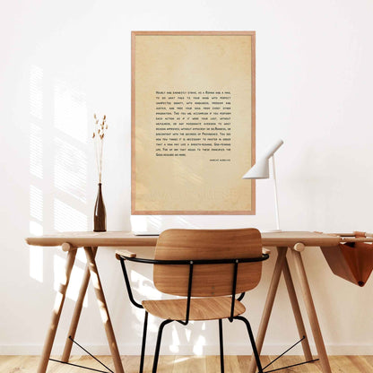 A minimalist-style stoicism poster featuring a Marcus Aurelius quote on living with dignity, justice, and purpose, displayed on an aged, old-style background. The elegant typography making it ideal for philosophy and mindful decor in oakwood frame on a desk wall.