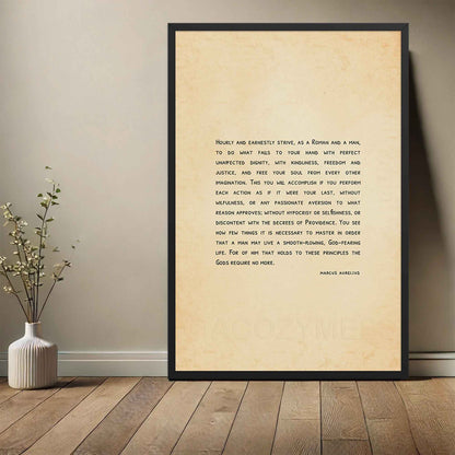 A minimalist-style poster featuring a Marcus Aurelius quote on living with dignity, justice, and purpose, displayed on an aged, old-style background. The elegant typography making it ideal for inspirational and mindful decor in vertical black frame.