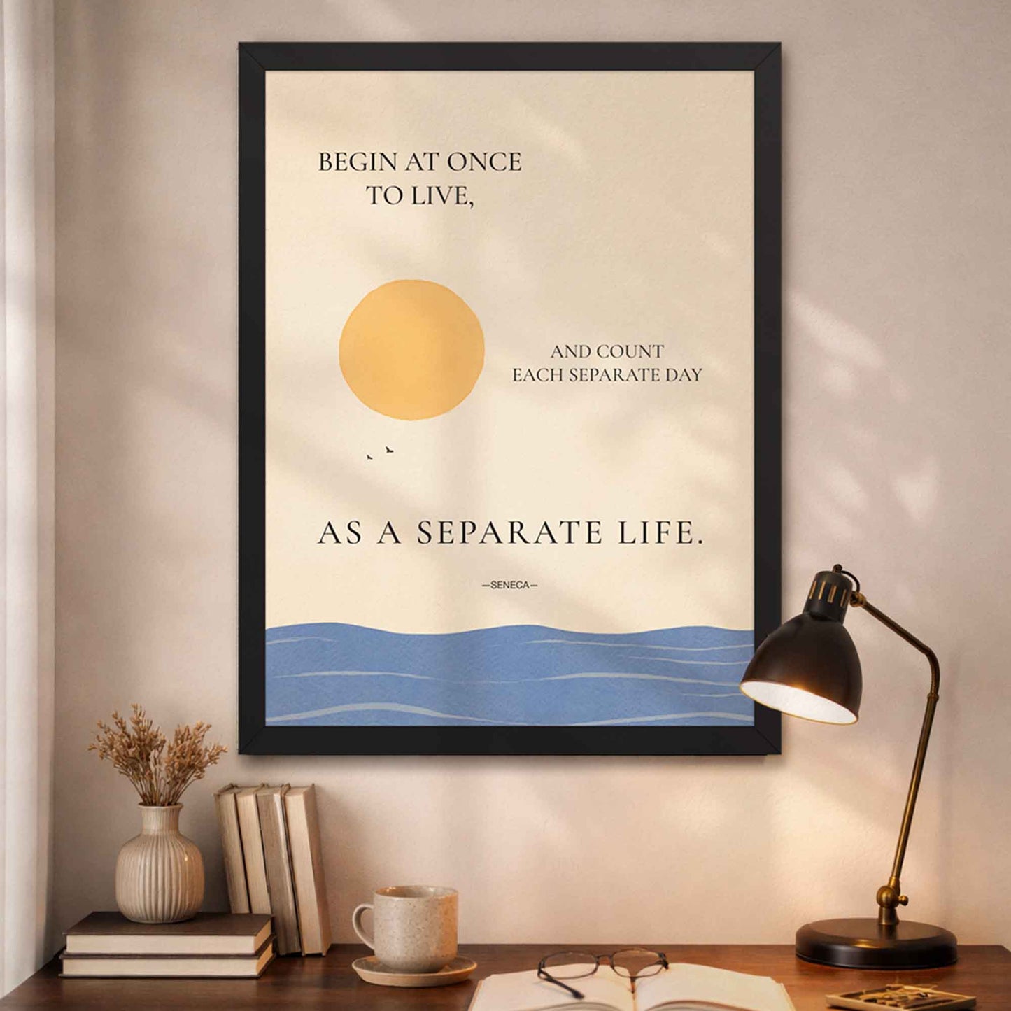 Stoic philosophy wall art framed in black featuring neutral beige background