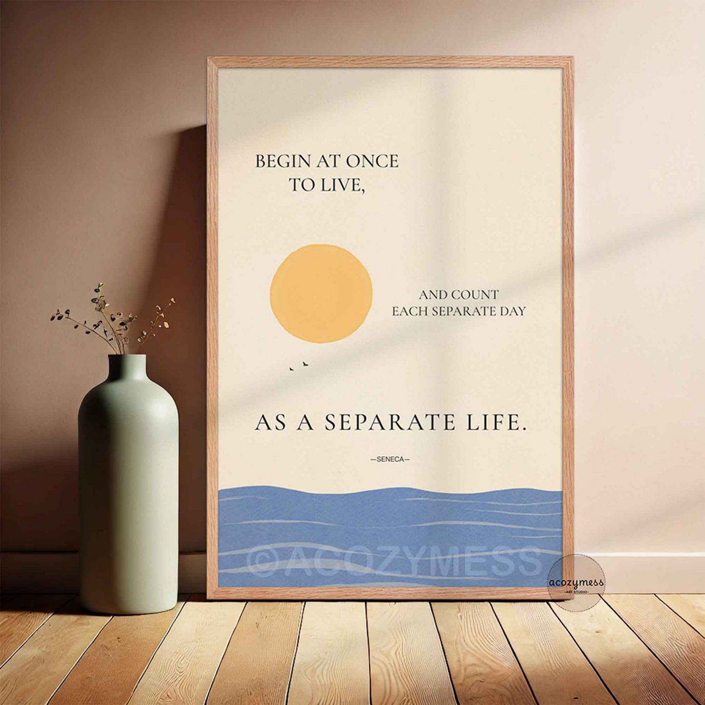 Seneca quote wall art in oakwood frame with beige background and sun sea illustration