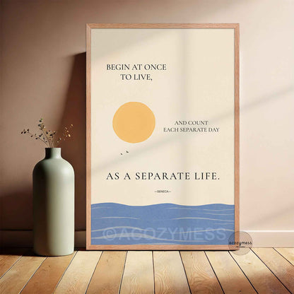 Seneca quote wall art in oakwood frame with beige background and sun sea illustration