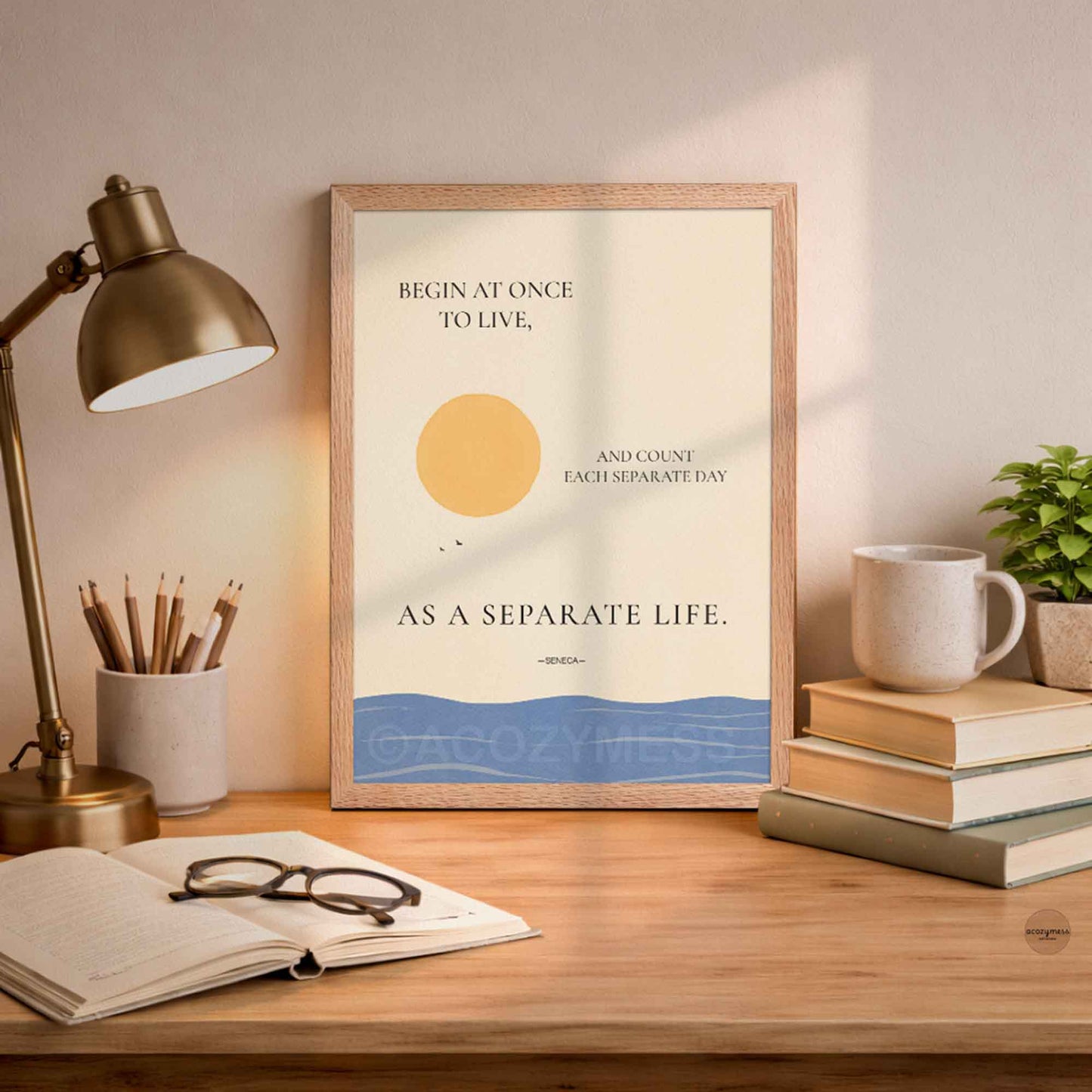 Inspirational Seneca philosophy print in oakwood frame featuring sun and ocean artwork