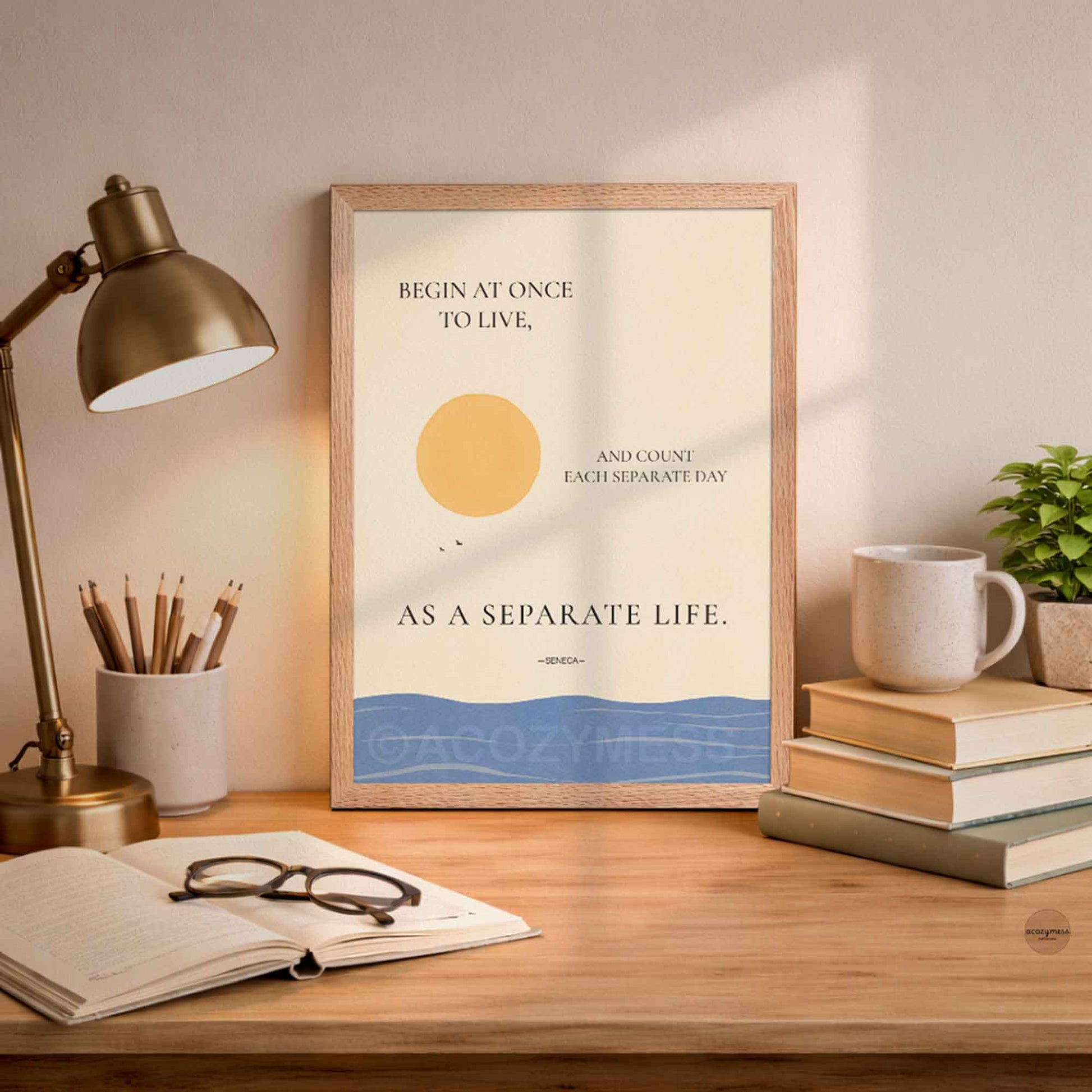 Inspirational Seneca philosophy print in oakwood frame featuring sun and ocean artwork