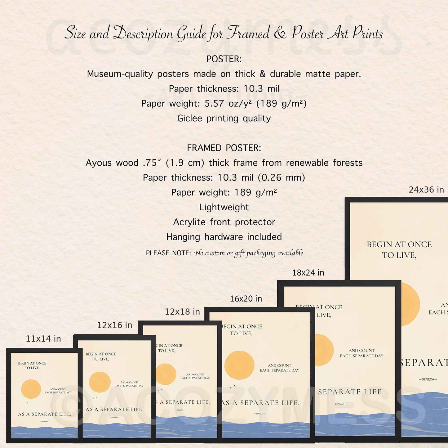 Size and description guide for framed and poster art prints with various sizes displayed.