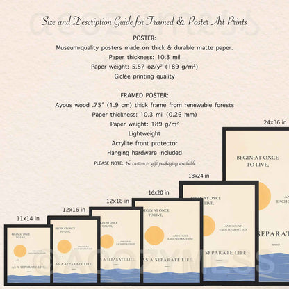 Size and description guide for framed and poster art prints with various sizes displayed.