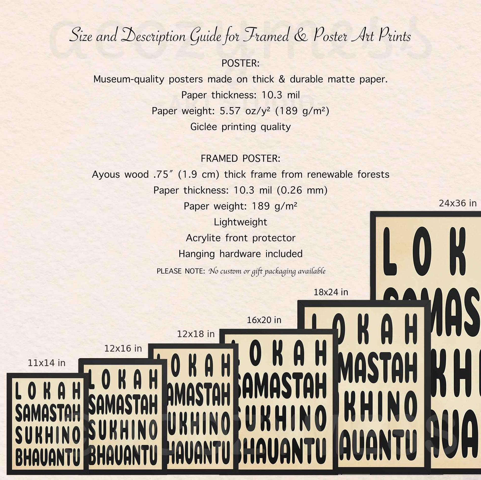 Size and description image showing available print sizes and framing options for the Lokah Samastah mantra wall art.
