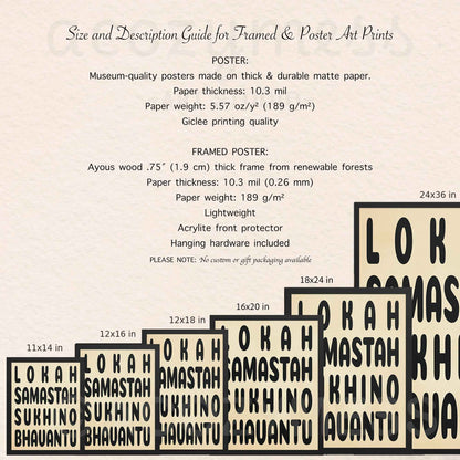 Size and description image showing available print sizes and framing options for the Lokah Samastah mantra wall art.